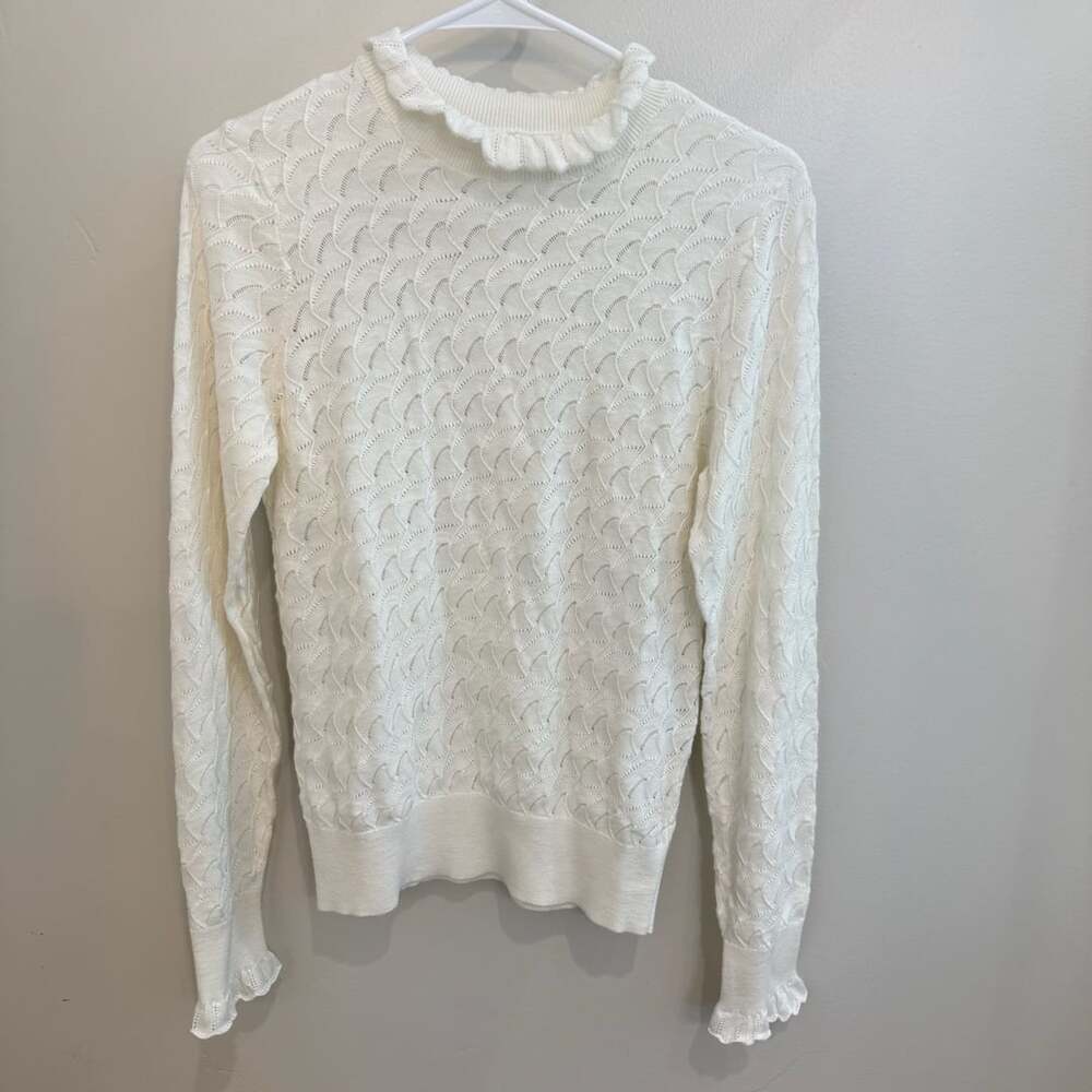 Sundance Cream Pointelle Knit Long Sleeve Sweater With Ruffle Mock Neck